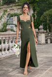 Olive A Line Spaghetti Straps Floor Length Wedding Guest Dress with Slit