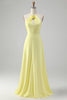 Load image into Gallery viewer, Yellow A Line Halter Cut Out Backless Long Bridesmaid Dress with Flower