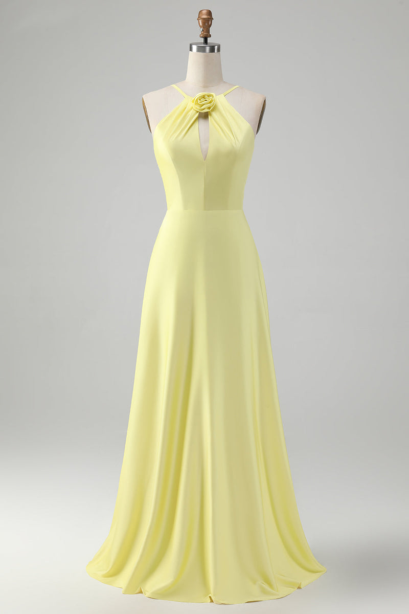 Load image into Gallery viewer, Yellow A Line Halter Cut Out Long Bridesmaid Dress with Flower