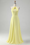 Yellow A Line Halter Cut Out Long Bridesmaid Dress with Flower