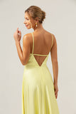 Yellow A Line Halter Kehole Backless Long Bridesmaid Dress with Flower