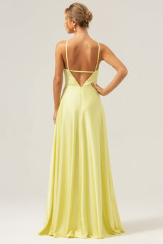 Yellow A Line Halter Cut Out Backless Long Bridesmaid Dress with Flower