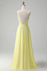 Load image into Gallery viewer, Yellow A Line Halter Cut Out Backless Long Bridesmaid Dress with Flower