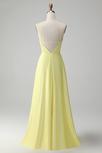 Yellow A Line Halter Cut Out Backless Long Bridesmaid Dress with Flower