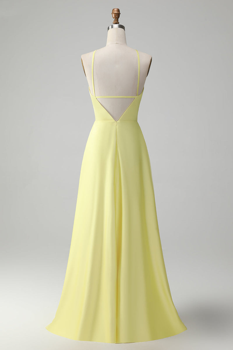 Load image into Gallery viewer, Yellow A Line Halter Cut Out Long Bridesmaid Dress with Flower