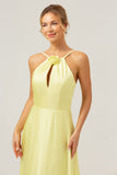 Yellow A Line Halter Kehole Backless Long Bridesmaid Dress with Flower
