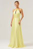 Load image into Gallery viewer, Yellow A Line Halter Cut Out Backless Long Bridesmaid Dress with Flower