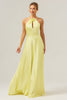 Load image into Gallery viewer, Yellow A Line Halter Cut Out Backless Long Bridesmaid Dress with Flower