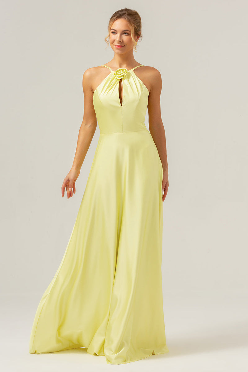 Load image into Gallery viewer, Yellow A Line Halter Cut Out Backless Long Bridesmaid Dress with Flower