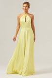 Yellow A Line Halter Kehole Backless Long Bridesmaid Dress with Flower