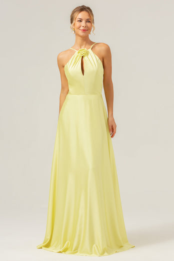 Yellow A Line Halter Cut Out Long Bridesmaid Dress with Flower