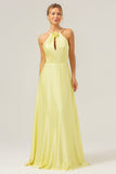 Yellow A Line Halter Cut Out Long Bridesmaid Dress with Flower