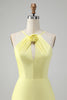 Load image into Gallery viewer, Yellow A Line Halter Cut Out Long Bridesmaid Dress with Flower