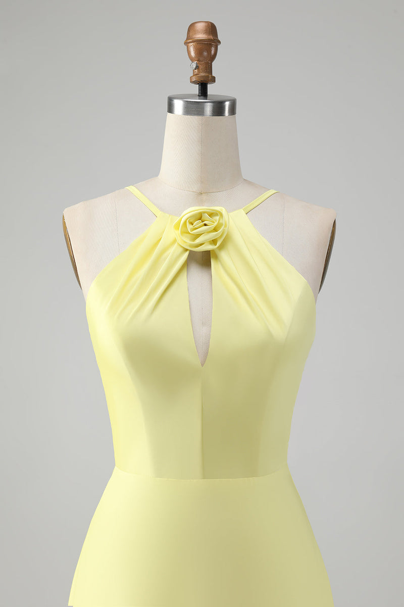 Load image into Gallery viewer, Yellow A Line Halter Cut Out Long Bridesmaid Dress with Flower