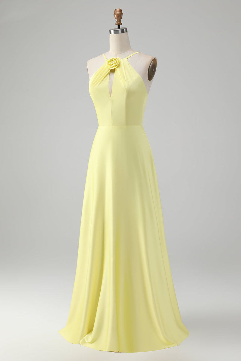 Load image into Gallery viewer, Yellow A Line Halter Cut Out Long Bridesmaid Dress with Flower