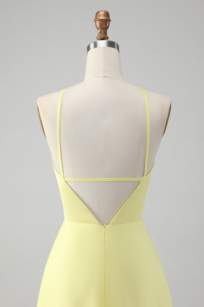 Load image into Gallery viewer, Yellow A Line Halter Cut Out Long Bridesmaid Dress with Flower