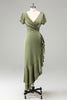 Load image into Gallery viewer, Olive V Neck Sheath Short Sleeves Asymmetrical Wedding Guest Dress with Ruffles