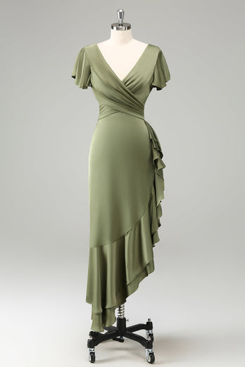 Olive A Line V Neck Satin Asymmetrical Bridesmaid Dress with Ruffle Slit