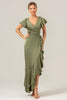 Load image into Gallery viewer, Olive A Line V Neck Satin Asymmetrical Bridesmaid Dress with Ruffle Slit