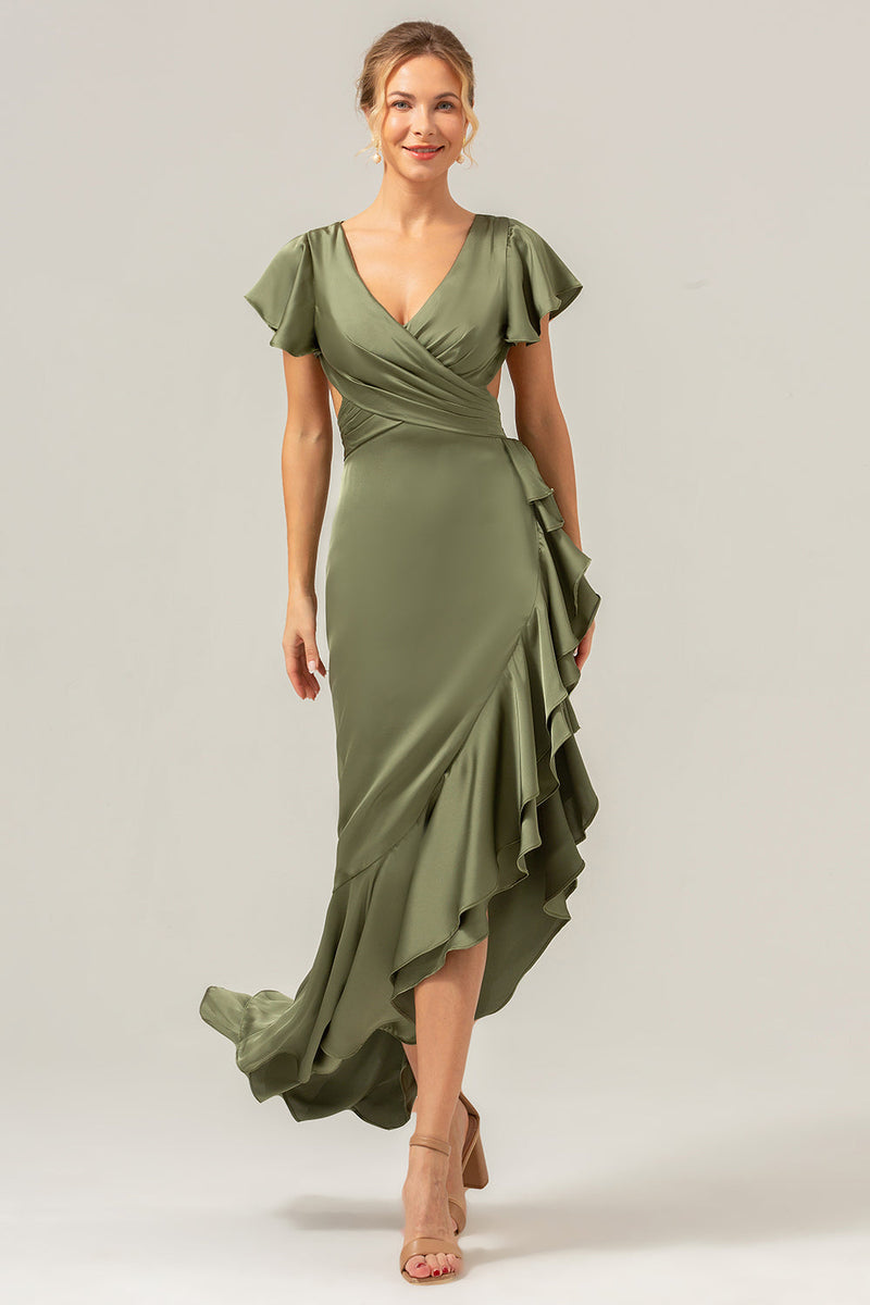 Load image into Gallery viewer, Olive A Line V Neck Satin Asymmetrical Bridesmaid Dress with Ruffle Slit