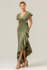 Load image into Gallery viewer, Olive A Line V Neck Satin Asymmetrical Bridesmaid Dress with Ruffle Slit