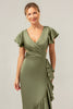 Load image into Gallery viewer, Olive A Line V Neck Satin Asymmetrical Bridesmaid Dress with Ruffle Slit