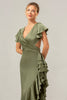 Load image into Gallery viewer, Olive A Line V Neck Satin Asymmetrical Bridesmaid Dress with Ruffle Slit