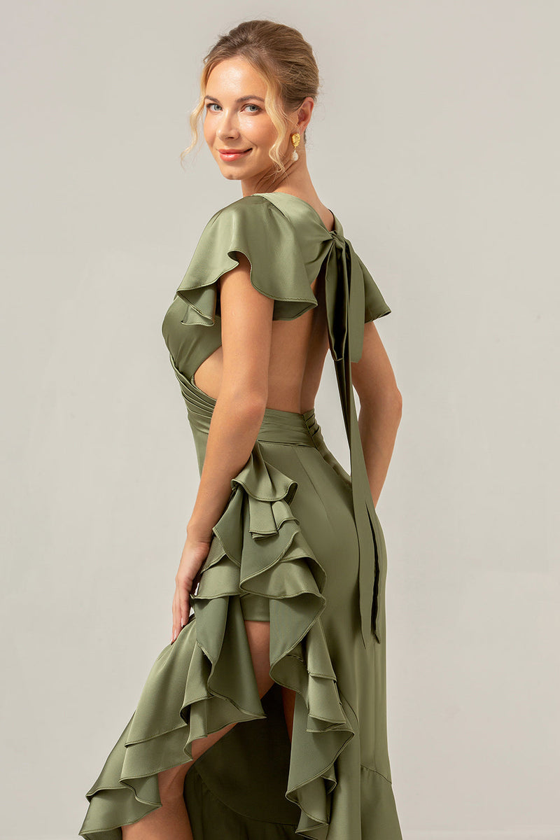 Load image into Gallery viewer, Olive A Line V Neck Satin Asymmetrical Bridesmaid Dress with Ruffle Slit