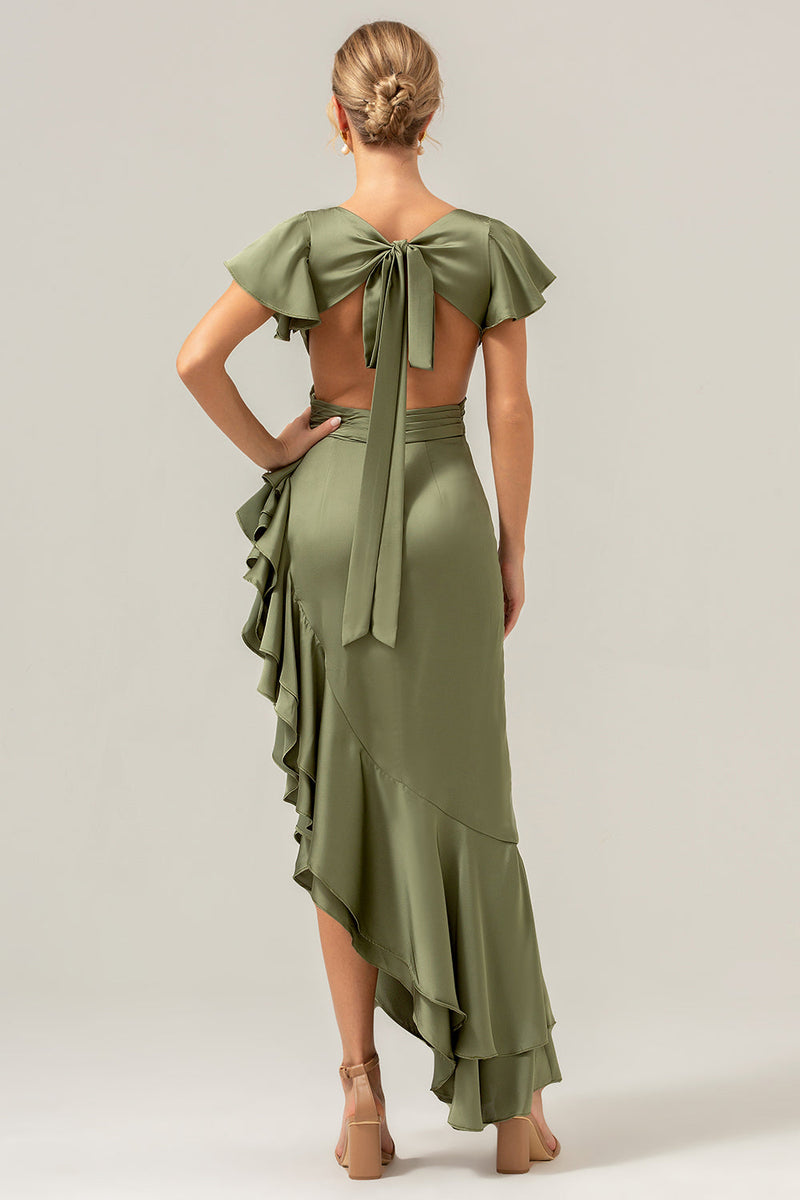 Load image into Gallery viewer, Olive V Neck Sheath Short Sleeves Asymmetrical Wedding Guest Dress with Ruffles