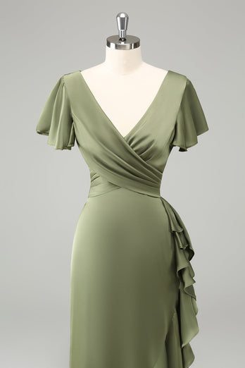 Olive V Neck Sheath Short Sleeves Asymmetrical Wedding Guest Dress with Ruffles