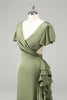 Load image into Gallery viewer, Olive V Neck Sheath Short Sleeves Asymmetrical Wedding Guest Dress with Ruffles