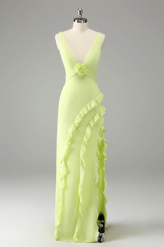 Lime Sheath Deep V Neck Ruffled Wedding Guest Dress with Slit