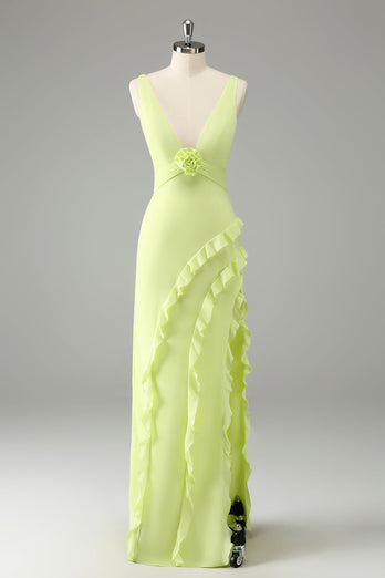 Lime Sheath Deep V Neck Backless Long Bridesmaid Dress with Ruffle Slit