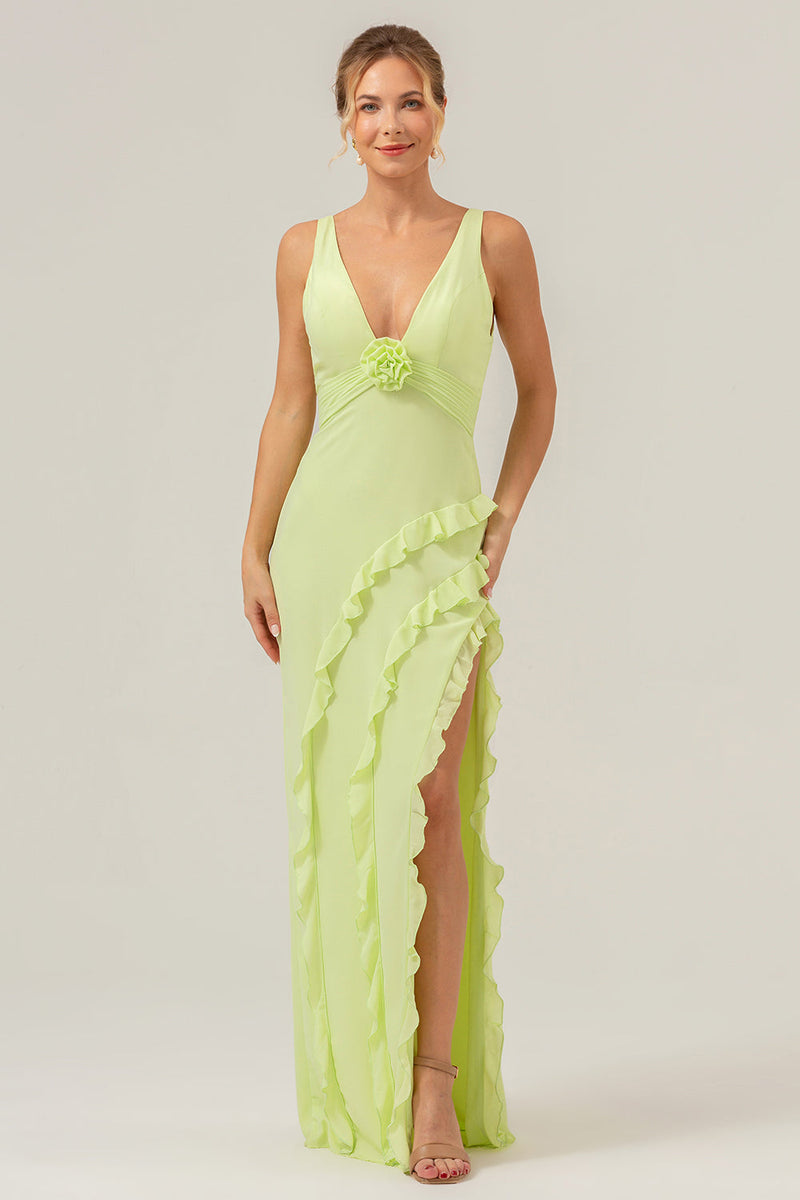 Load image into Gallery viewer, Lime Sheath Deep V Neck Backless Long Bridesmaid Dress with Ruffle Slit