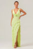 Load image into Gallery viewer, Lime Sheath Deep V Neck Ruffled Wedding Guest Dress with Slit