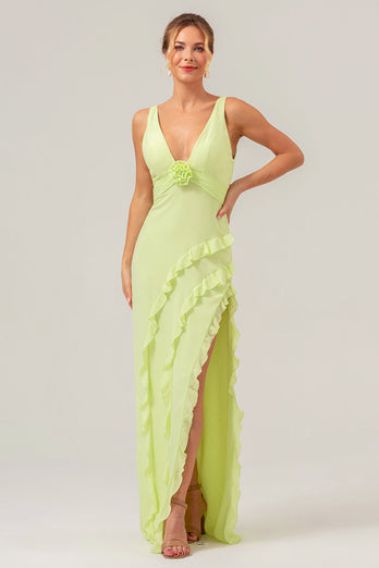 Lime Sheath Deep V Neck Ruffled Wedding Guest Dress with Slit