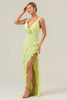 Load image into Gallery viewer, Lime Sheath Deep V Neck Backless Long Bridesmaid Dress with Ruffle Slit