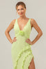 Load image into Gallery viewer, Lime Sheath Deep V Neck Backless Long Bridesmaid Dress with Ruffle Slit