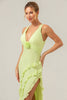 Load image into Gallery viewer, Lime Sheath Deep V Neck Backless Long Bridesmaid Dress with Ruffle Slit