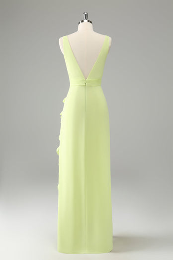 Lime Sheath Deep V Neck Backless Long Bridesmaid Dress with Ruffle Slit