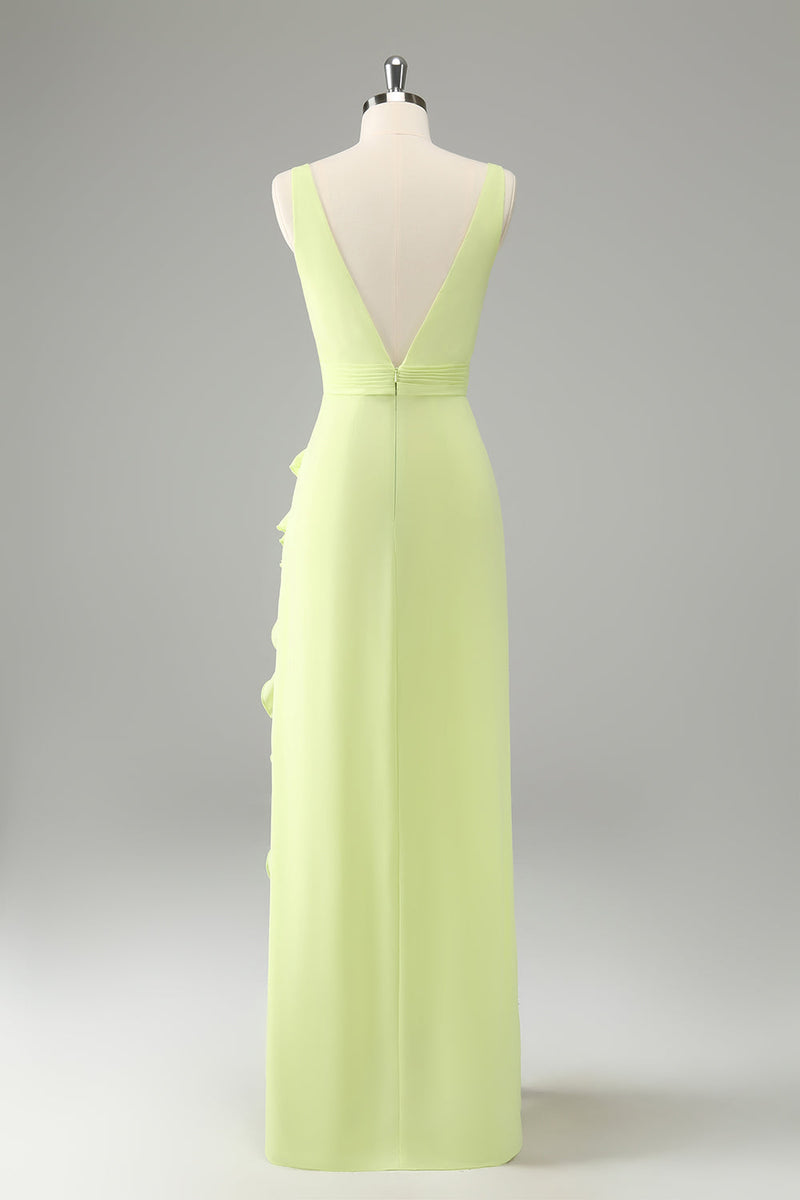 Load image into Gallery viewer, Lime Sheath Deep V Neck Backless Long Bridesmaid Dress with Ruffle Slit