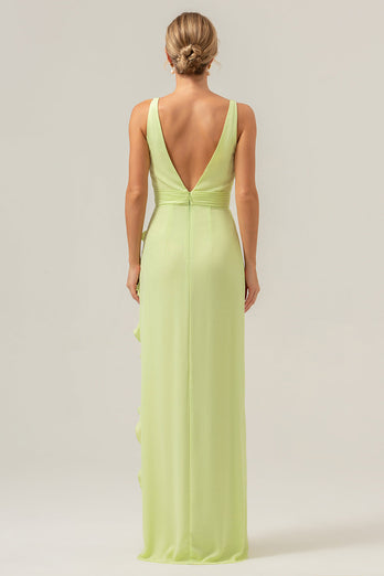 Lime Sheath Deep V Neck Ruffled Wedding Guest Dress with Slit