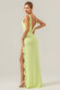 Load image into Gallery viewer, Lime Sheath Deep V Neck Backless Long Bridesmaid Dress with Ruffle Slit