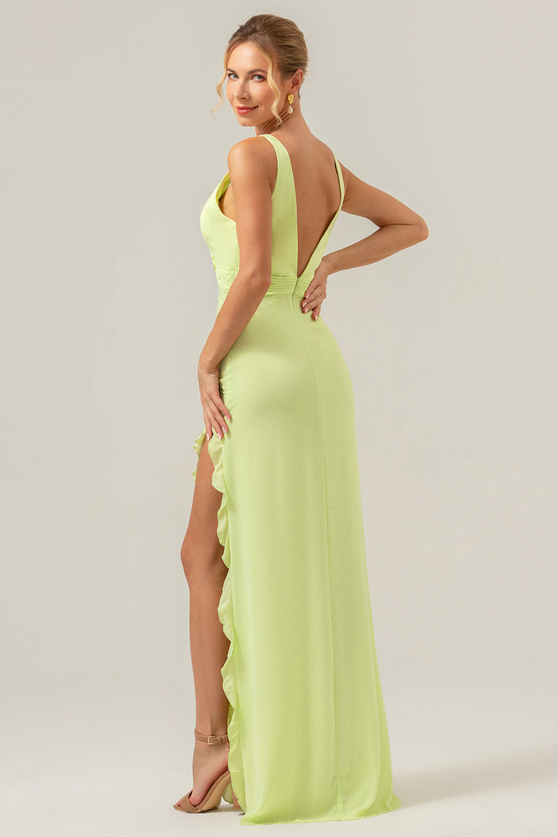 Load image into Gallery viewer, Lime Sheath Deep V Neck Backless Long Bridesmaid Dress with Ruffle Slit