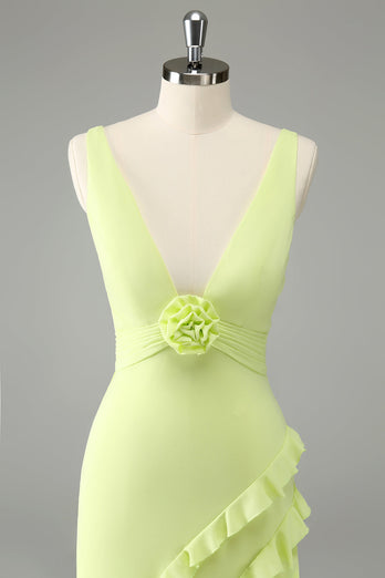 Lime Sheath Deep V Neck Ruffled Wedding Guest Dress with Slit