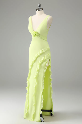 Lime Sheath Deep V Neck Ruffled Wedding Guest Dress with Slit