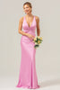 Load image into Gallery viewer, Pink Mermaid V Neck Ruched Satin Long Bridesmaid Dress with Lace Up Back