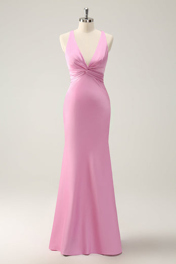 Pink Mermaid V Neck Ruched Satin Long Bridesmaid Dress with Lace Up Back