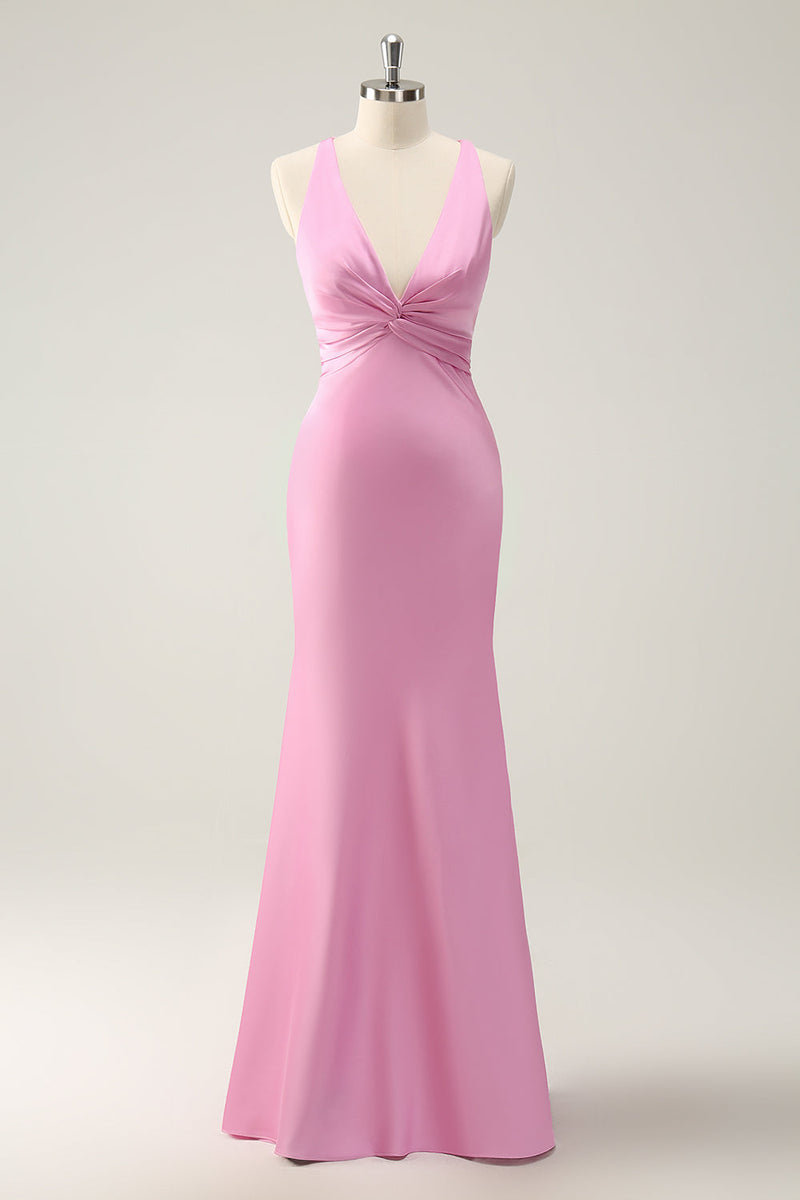 Load image into Gallery viewer, Pink Mermaid V Neck Ruched Satin Long Bridesmaid Dress with Lace Up Back