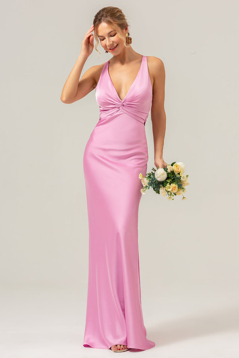 Load image into Gallery viewer, Pink Mermaid V Neck Ruched Satin Long Bridesmaid Dress with Lace Up Back